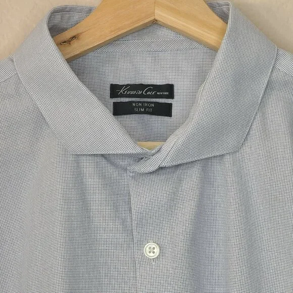 Kenneth Cole Dress Shirt 2XL Men Size 18 34/35 Light Blue Grid Check Long Sleeve - Picture 8 of 12